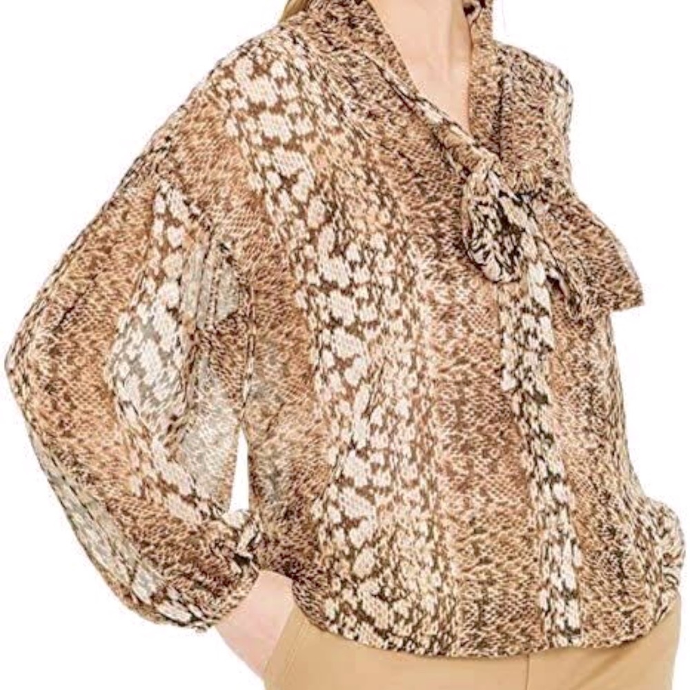 Snake Print Balloon Sleeve Tie Neck Blouse